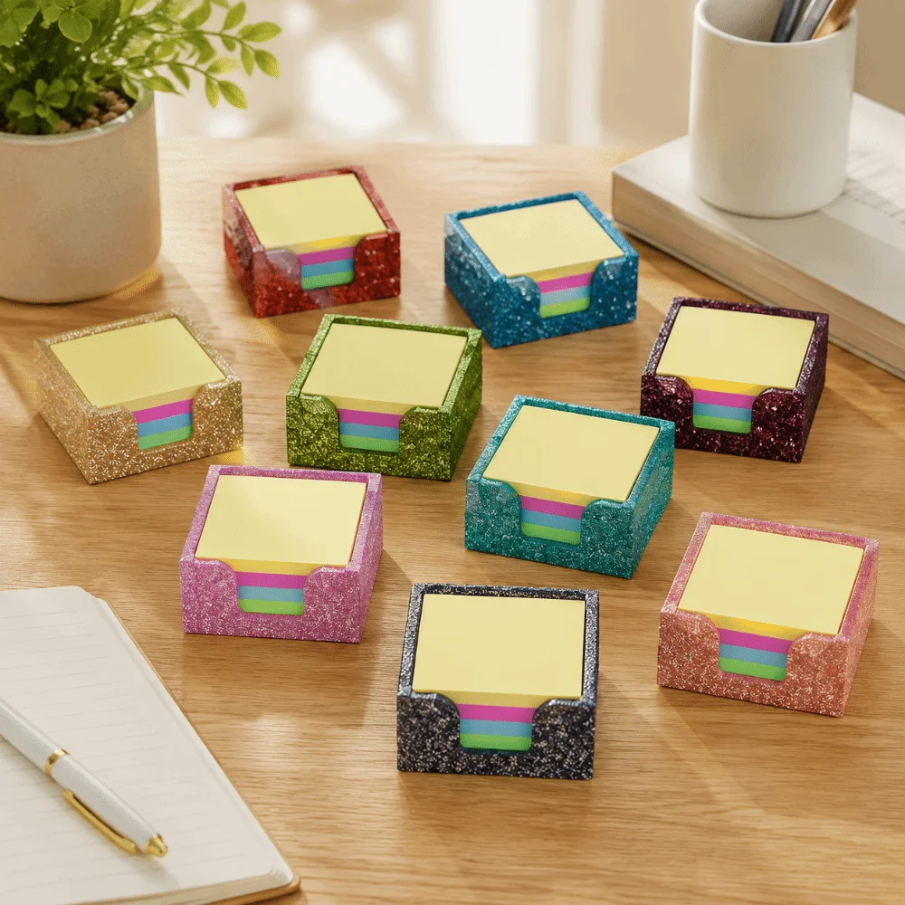 Glitter Acrylic Sticky Note Holder 3.9x3.9in Anti-slip Memo Pad Dispenser Convenient Wide Use Self Stick Note Pad Box