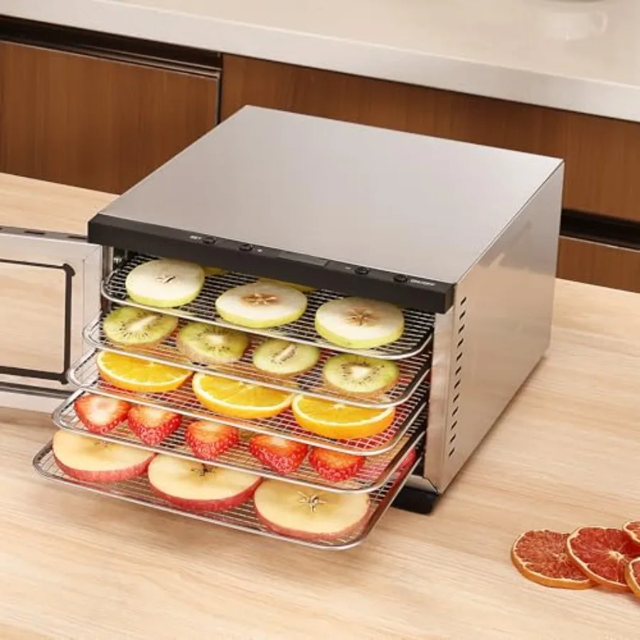 

Food dehydrator for jerky herbs meat fruit and dog treats 5 stainless steel trays digital timer 400W 176F temp control silver