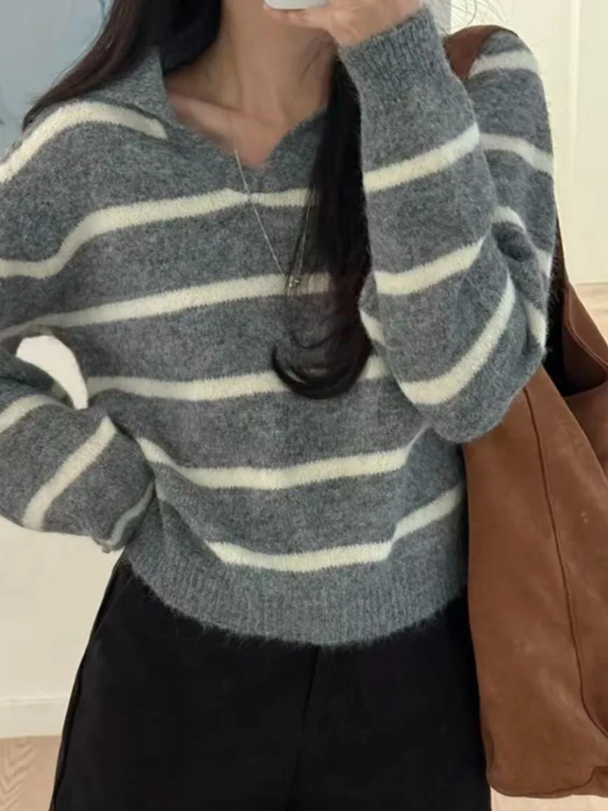 

Loose Korean Sle Women's Sweater Spring New Faion Lazy Sle Soft Cozy Drapey Collar Striped Top Ladies Knitwear