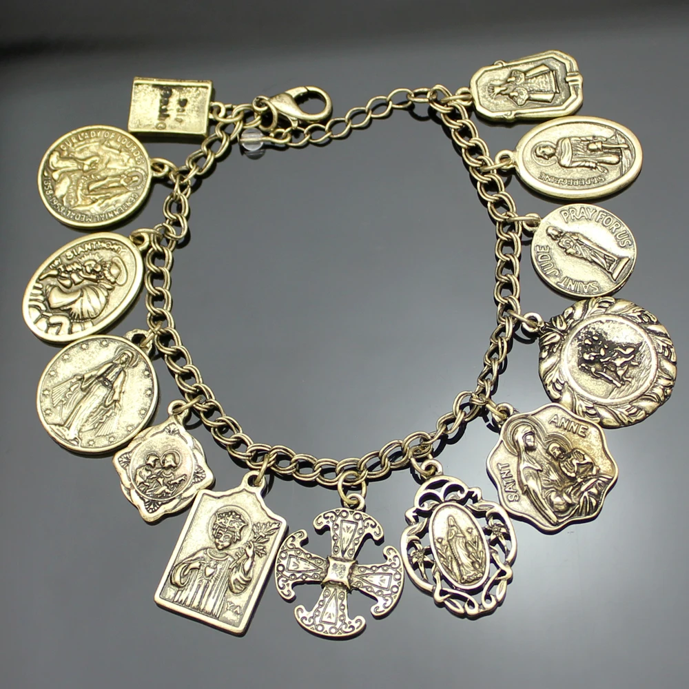 Vintage Bracelet Catholic Religious Church Medals Saints PRAY FOR Cross Pendant Chain Women Bangle Silver Plated Jewelry Gifts