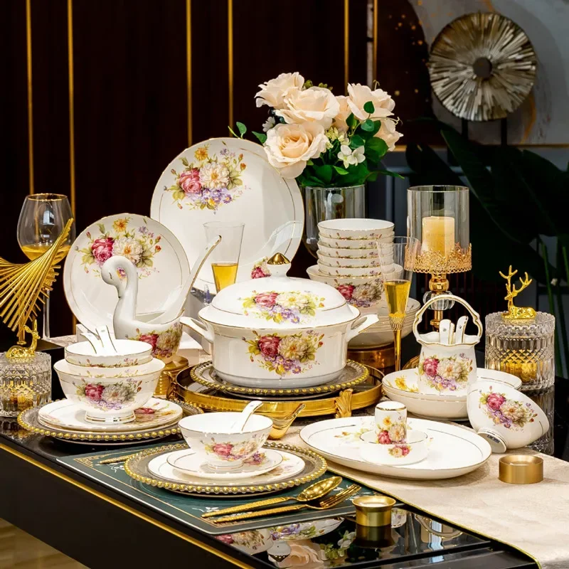 60pcs European Style Dinnerware Sets Luxury Bone China Tableware Sets Bowl Spoon Dinner Plate Set Kitchen Utensils Dinner Set view 2