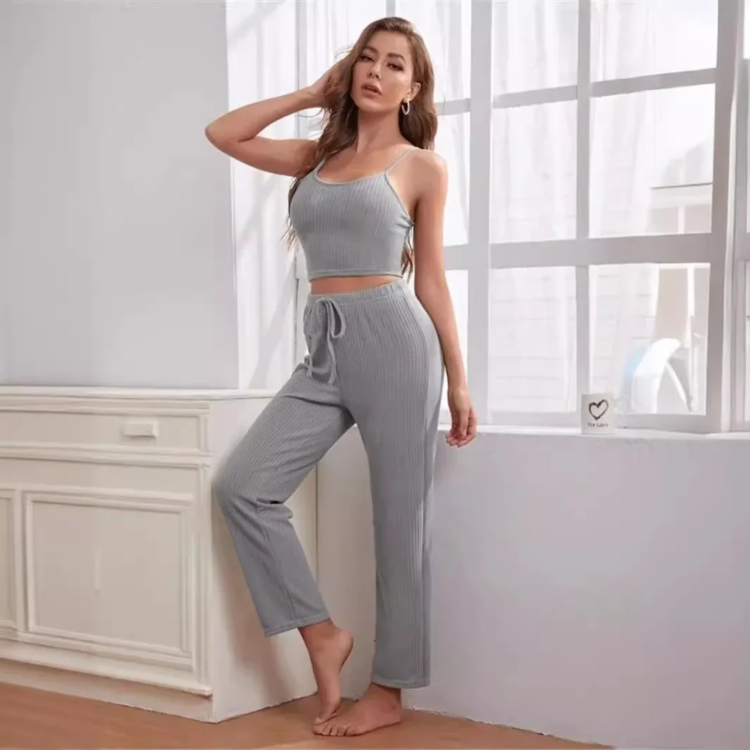 2024 Autumn Home Wear Women\'s Waffle Knit Suspender Top Trousers Robe Pajamas Three-piece Suit  Pajamas for Women