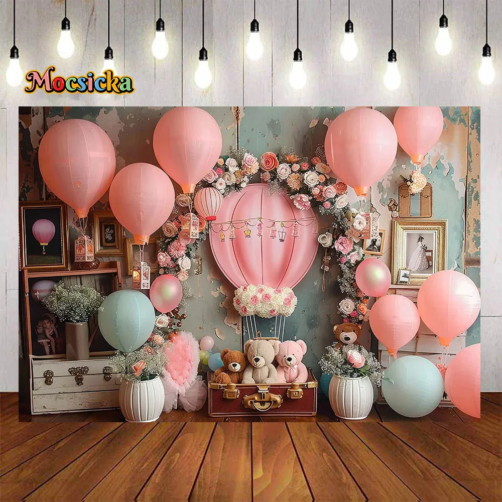 

Photography Background Studio Pink Hot Air Balloon Flowers Toy Bear Backdrop Decor Girls Birthday Bride Shower Photobooth Prop