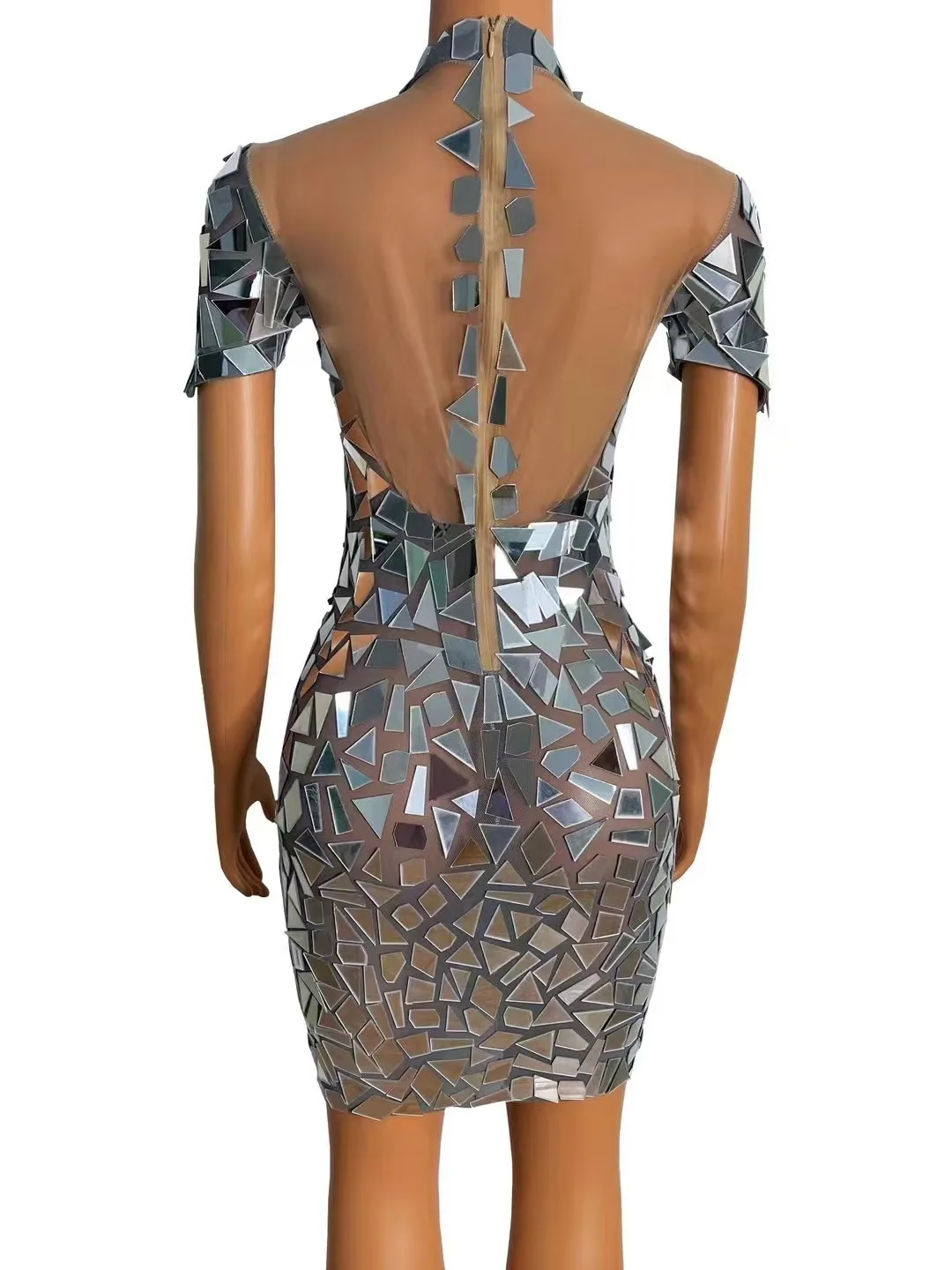 Women Fashion Short Sleeve Mesh Transparent Mirror Mesh Mini Dress Sexy Stage Performance Costume Birthday Party Nightclub Dress image 2