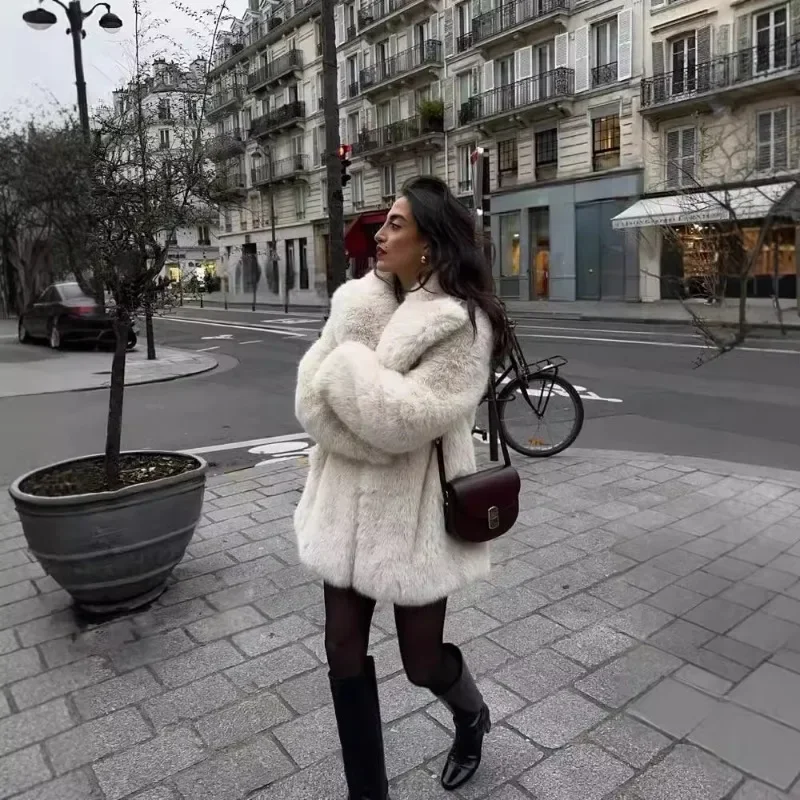 

2025 Winter Women Elegant Warm Long Imitation Fur Coat Cardigan Lady Retro High Street Lapel Side Pockets Loose Plush Jackets