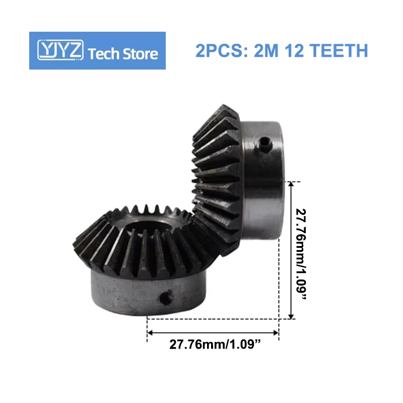 Two 2M12T Bevel Gear 2 Mod 12 Teeth Hole 6/7/8/10/12mm Precision Pinion Transmission 45# Steel 90° Center Distance 27.76mm