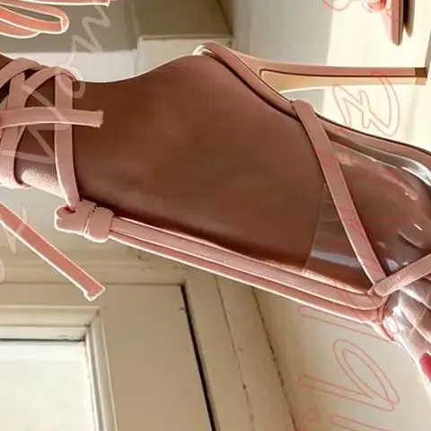 T Strap Sandals Ankle Tie Bow Pointed Toe Backless Stiletto Women Transparent Panel Footwear Women Shoes Leather Solid Color New