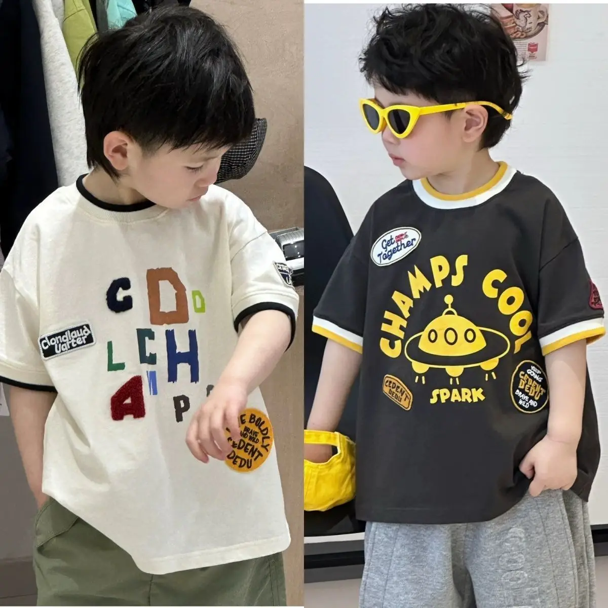 Children Boy Summer Letter T-shirt Cotton Cartoon Sticker Infant Baby Boys Tops Handsome Boys Casual Tees Kid Boys Short Sleeves
