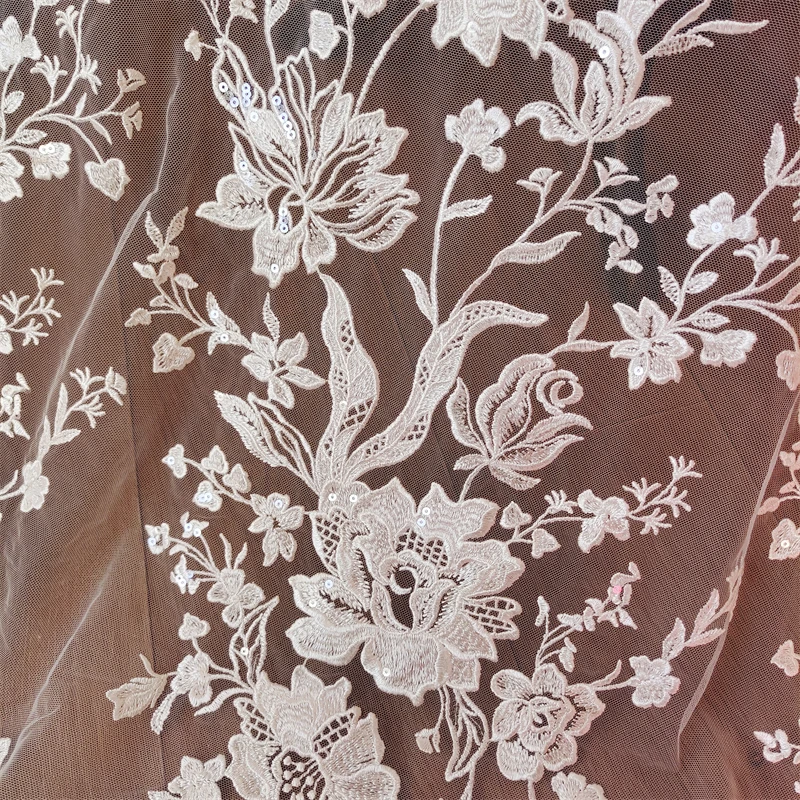 Tulle Material Wedding Dress Ivory Embroidered Sequin Lace Appliqued Flower Fabric