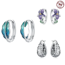 925 Sterling Silver Floral plant series greenery iris vine Hoop Earrings For Women Wedding Engagement Birthday Jewelry Gift 2024
