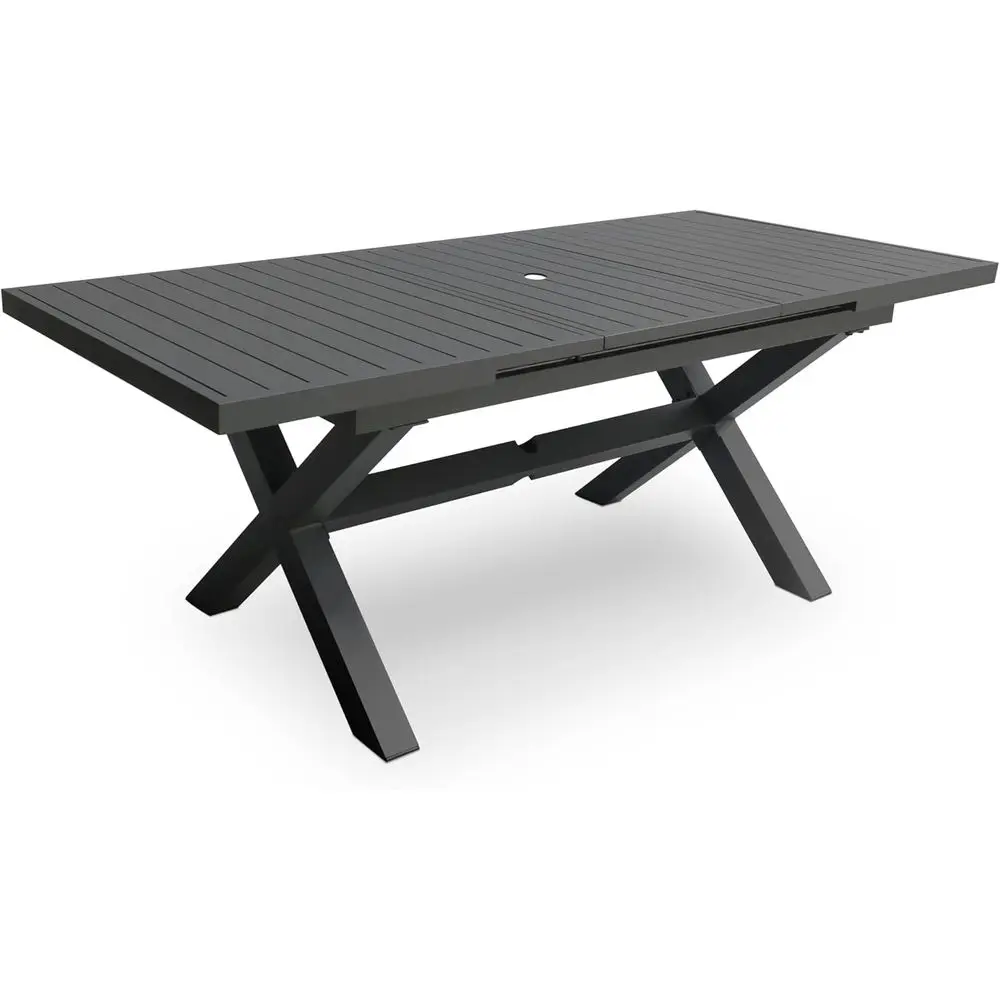 

Exble Patio Dining Table or 6-8: 63''-83'' RecTable, Umbrella Hole, Slatted Tabletop, Metal Sturdy X-Trestle Base or Outdoor Mea