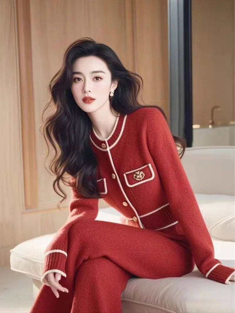 2026 Spring and Autumn Women Knitted Cardigan Set High-end Sense Slim-fitting and Skinny Ankola Red Sweater Pants Two-piece Set
