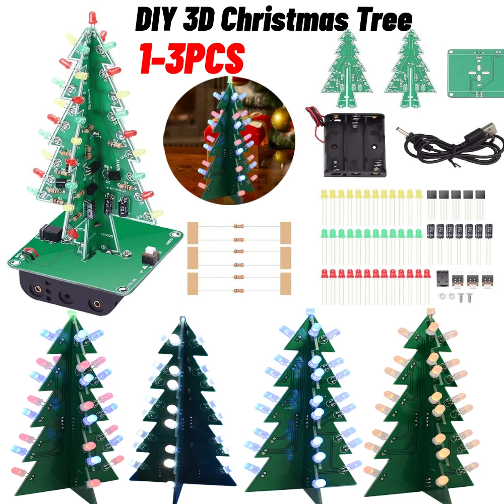 1-3pcs DIY 3D LED RGB Christmas Tree Soldering Practice Electronic Science Assemble Kit 7 Color Flashing PCB Rotating Decor