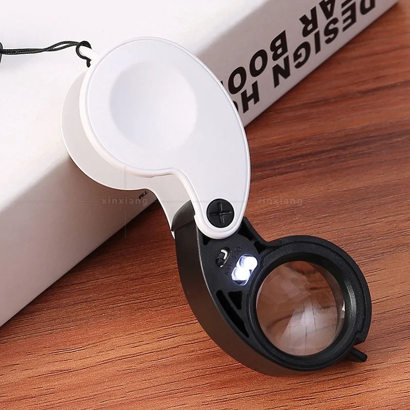 

50PCS 30x 25mm Portable Folding Magnifying Glass Double Led Lamp Antique Jewelry Stationery Waist Code Anti-counterfeiting
