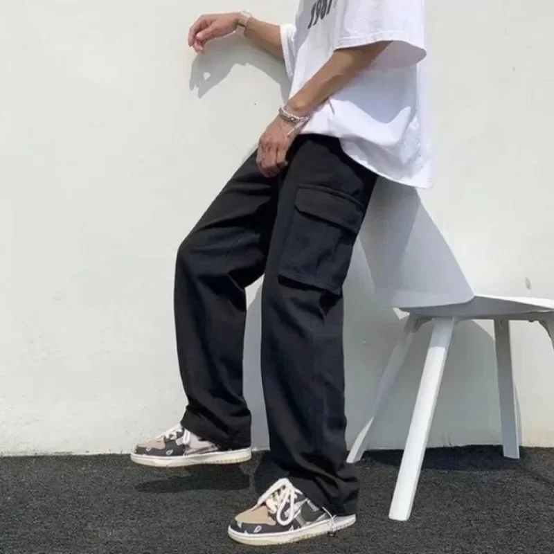 Black/white Casual Pants Men's Fashion Loose Straight Wide Leg Pants Men Streetwear Hip-hop Pocket Cargo Pants Mens Trousers