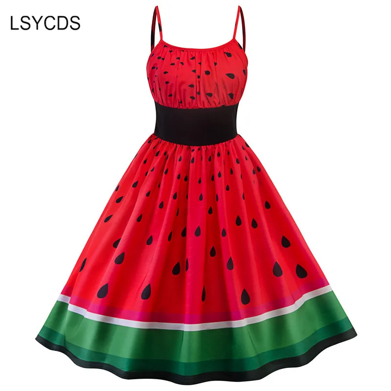 2024 Women Dress Vestido Female Sundress Sexy Backless Spaghetti Strap Watermelon Print Summer Big Swing Party Beach Dress