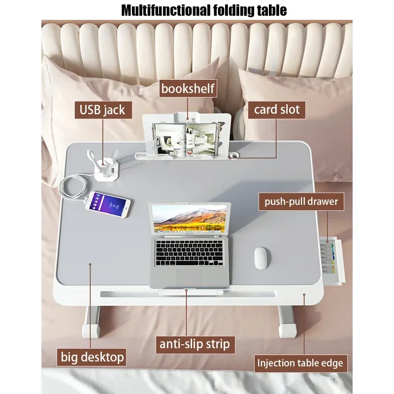 Foldable Lift Laptop Desk for Bed, Adjustable Stand Portable Lap Table, Breakfast Tray Desk with Drawer for Working Gaming