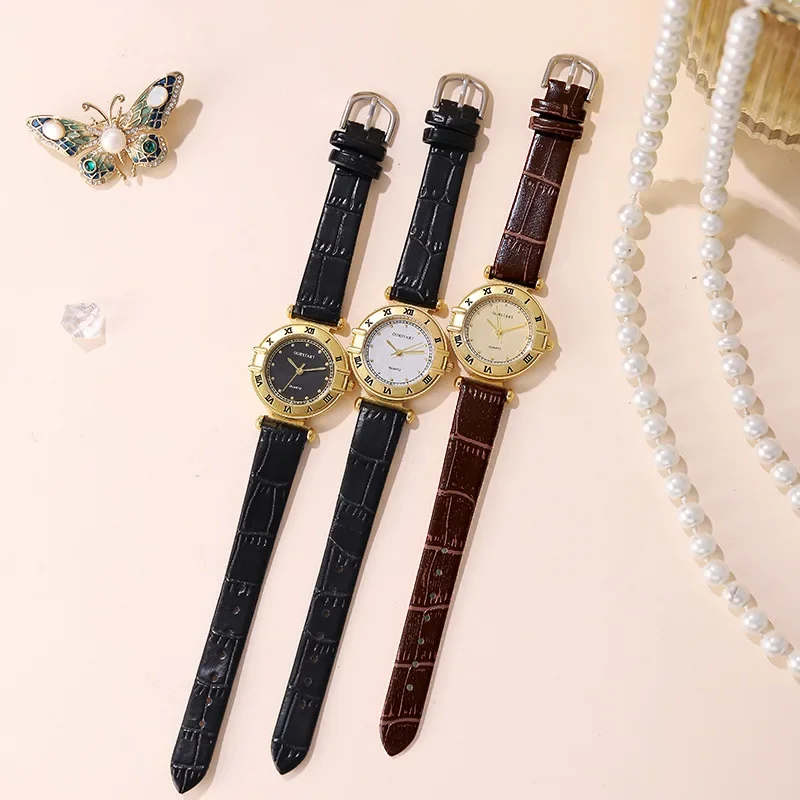 Reloj de cuarzo de lujo de alta calidad para mujer, relojes dorados con números romanos, esfera con números, relojes de cuero Vintage para mujer, reloj de pulsera para mujer