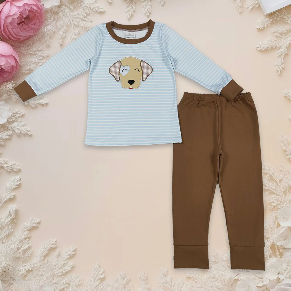 

Baby Boy Embroidery Dogs Hunting Kids Set Blue Stripe Pullover T-shirt Children Tops Legging Pants Toddler Outfit Wholesale