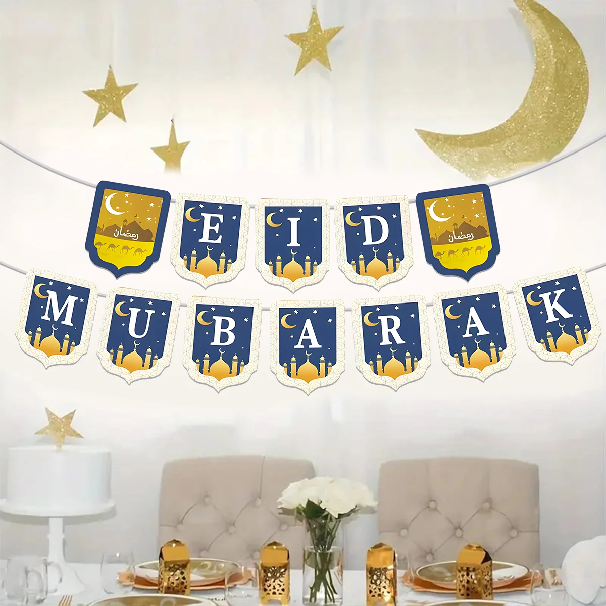 Eid Mubarak Banner Decoration Glitter Star Moon Bunting Garland Hanging Ornament Ramadan Mubarak Islamic Muslim Party Supplies