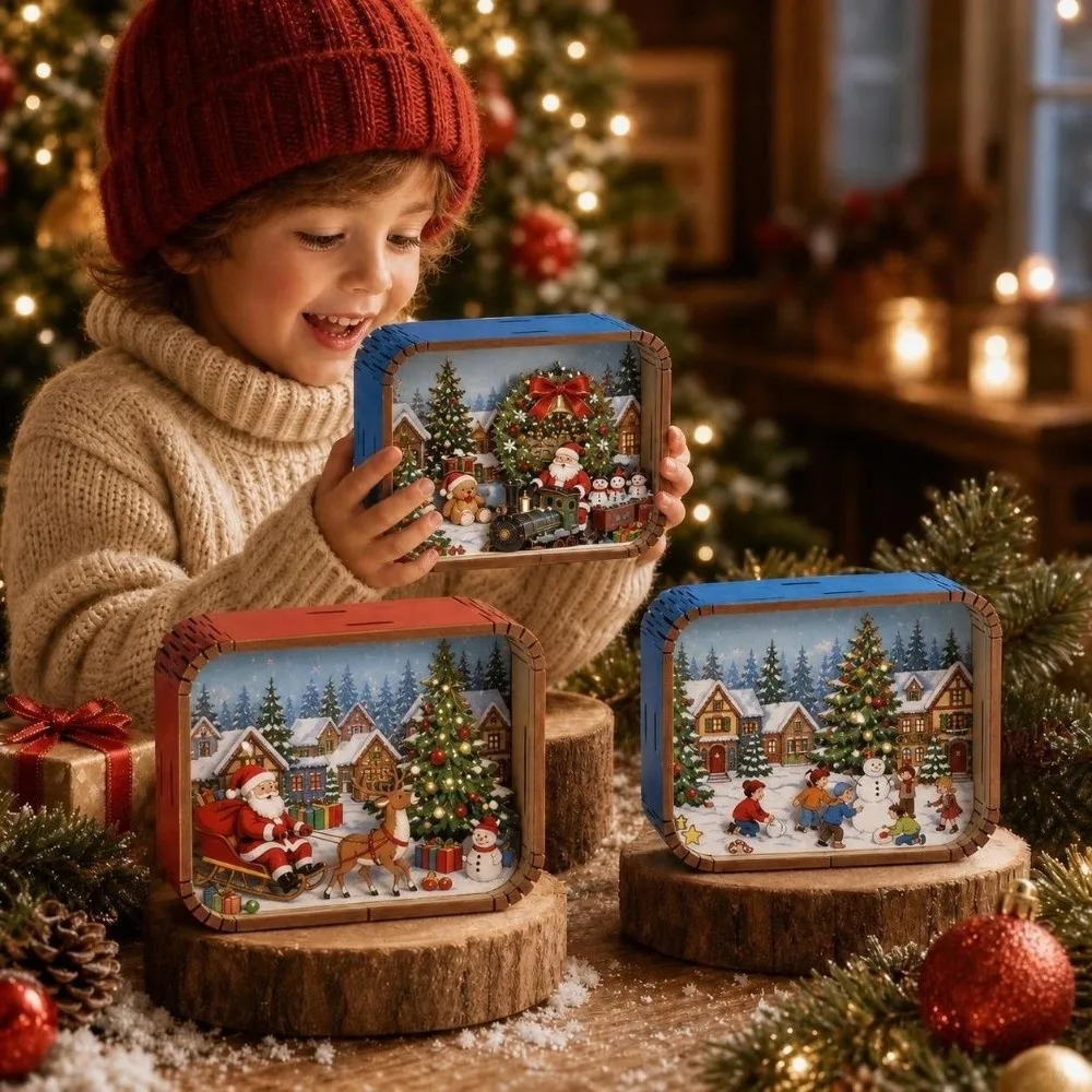 3D Scene Christmas Music Box Wind-up Rotating Wooden Music Box Xmas Tree Tabletop Musical Ornament Gift Holiday Season