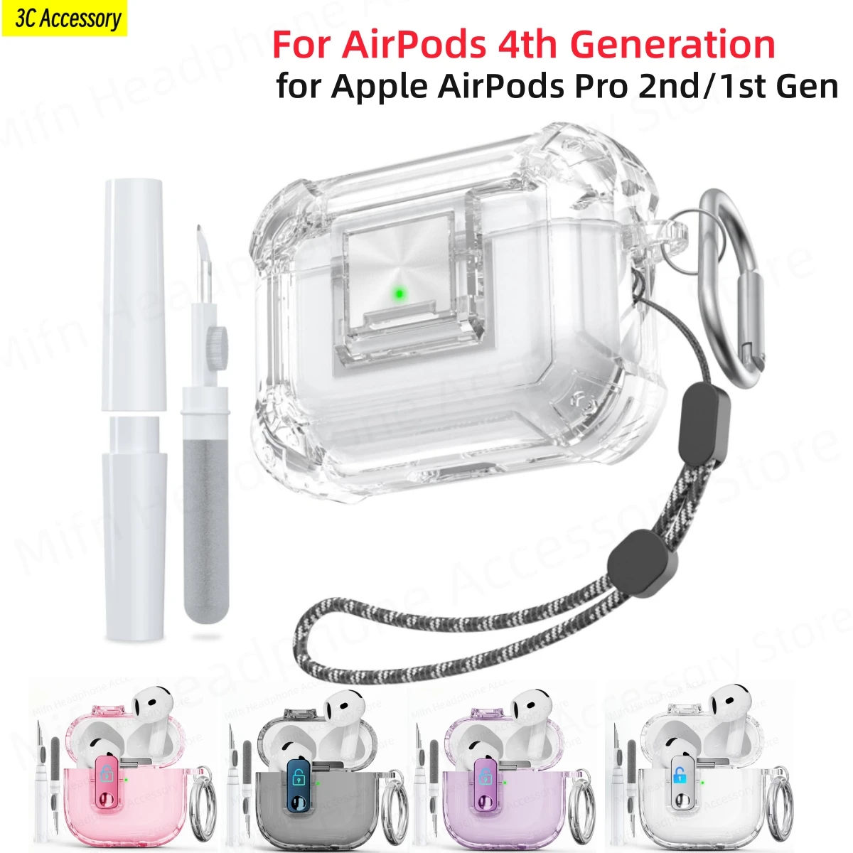 Bezpieczna osłona z zamkiem do AirPods 4/Pro/Pro 2, akcesoria do słuchawek z zestawem do czyszczenia/sznurkiem/breloczkiem do Air Pods 4, przezroczysta osłona