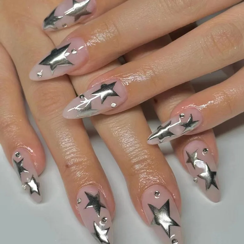 

24Pcs Nude Wearable False Nails Mid-length Almond Fake Nails with Silver Star Pattern Press on Fake Nails Full Cover Nail Tips