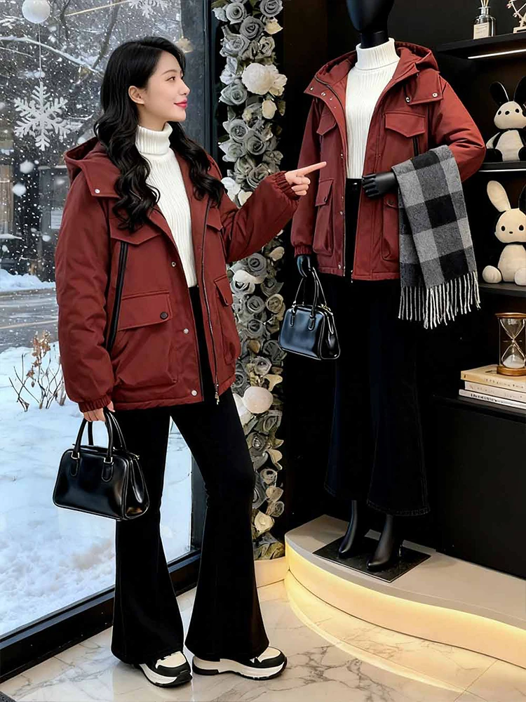 

Sli ort Puffer Jaet Women's Korean Version Thiened Fce Warm Winter Outerwear Commute Sle Regular Sve Long