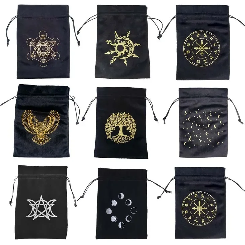 Petit sac de rangement en velours pour cartes Oracle, tarots animaux, soleil, crâne, Wicca, poudre, runes, constellation, sorcière, bijoux, dés