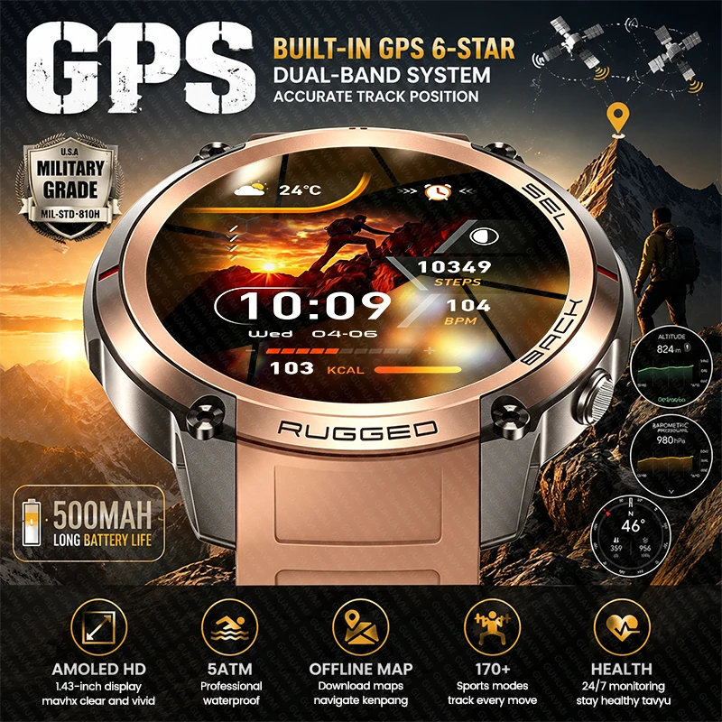 

2026 New Men Military Certified Sports Smart Watch Outdoor GPS Offline Map 5ATM Waterproof 1.43”AMOLED Global BT Call Smartwatch
