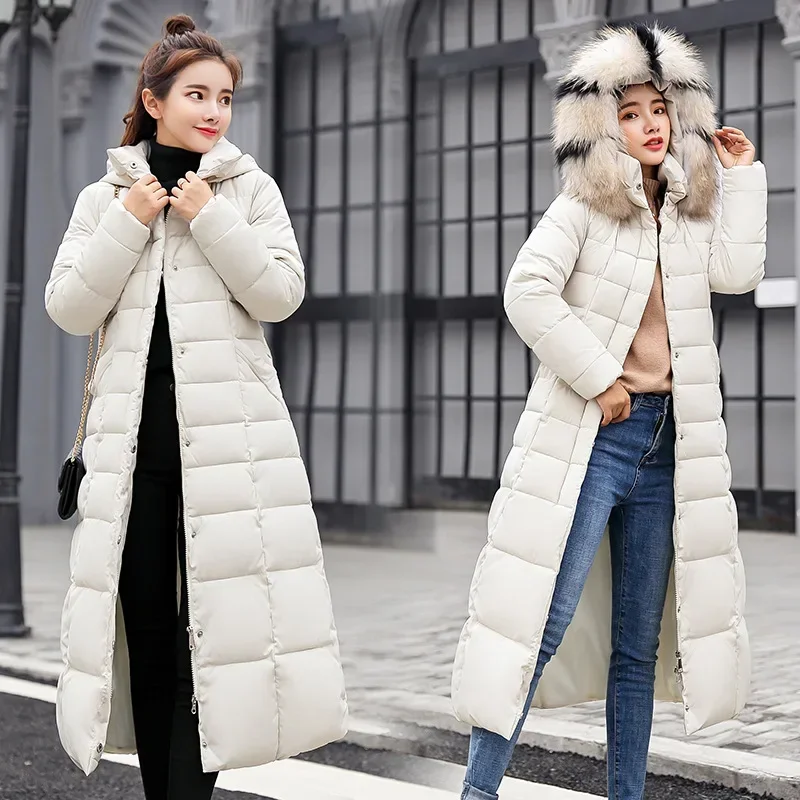 Fashionable and Casual Large Fur Collar Slim Fit Thick Cotton Jacket  Winter New Women\'s Long Over The Knee Down Cotton Jacket