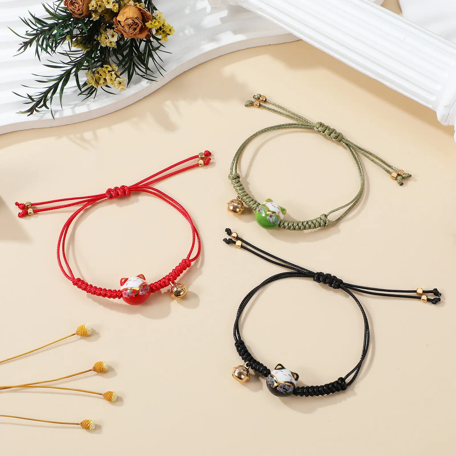 

3Pcs Cat Bracelet Maneki Neko Lucky Charm Adjustable Rope Wristband Jingle Bell Cat Jewelry Gifts Maneki Neko Bracelet