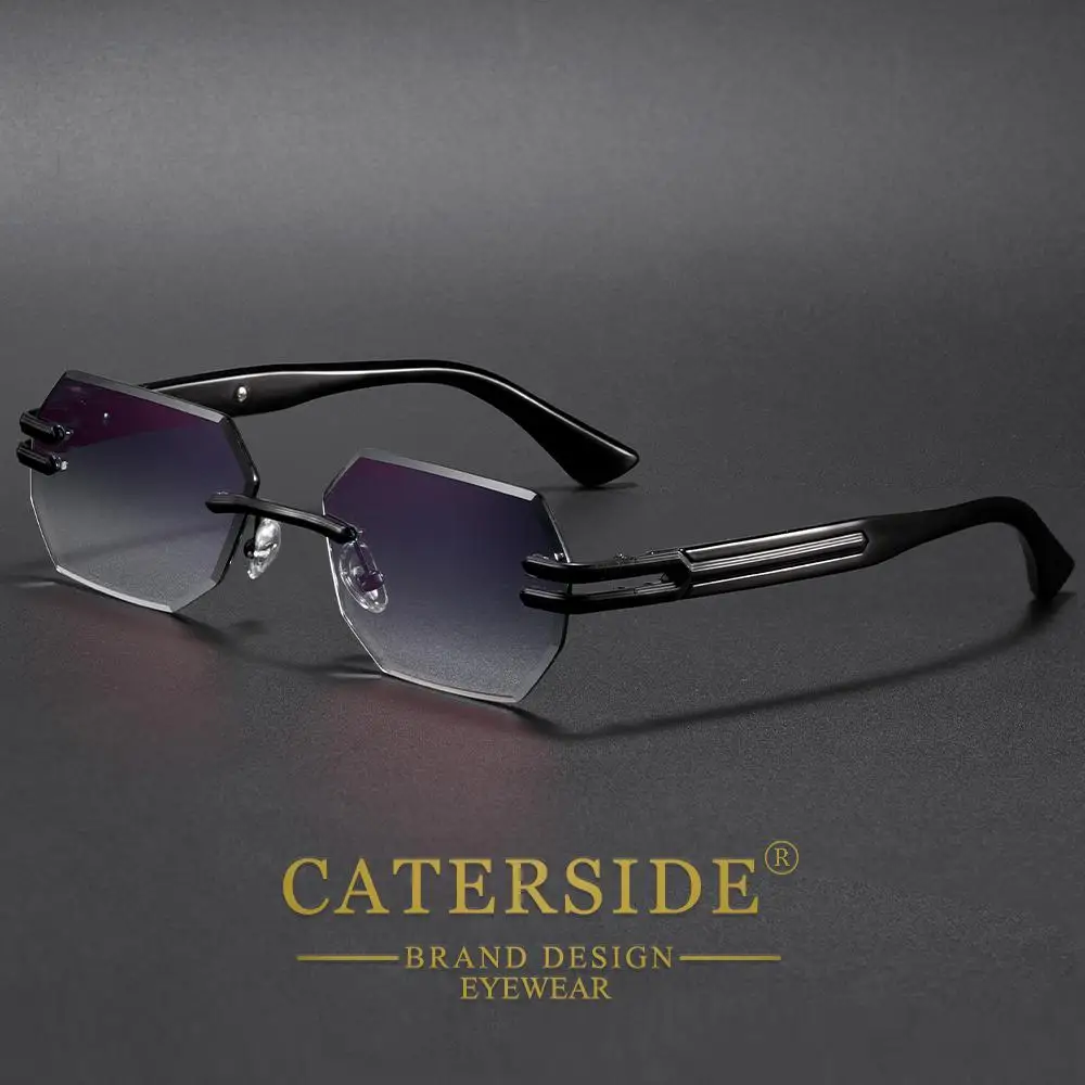 CATERSIDE Neue rahmenlose Sonnenbrille für Herren, modische polygonale Spiegellinsen mit Farbverlauf, Metallrahmen, Damen-Party-Sonnenbrille für den Außenbereich – Detail 16