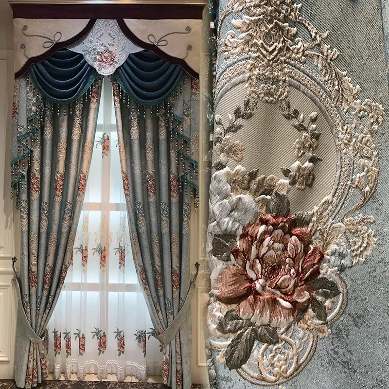 European Jacquard Embossed Luxury Curtains for Living Room Bedroom High-grade Thickened Shading Bay Window Screen Valance Tulle