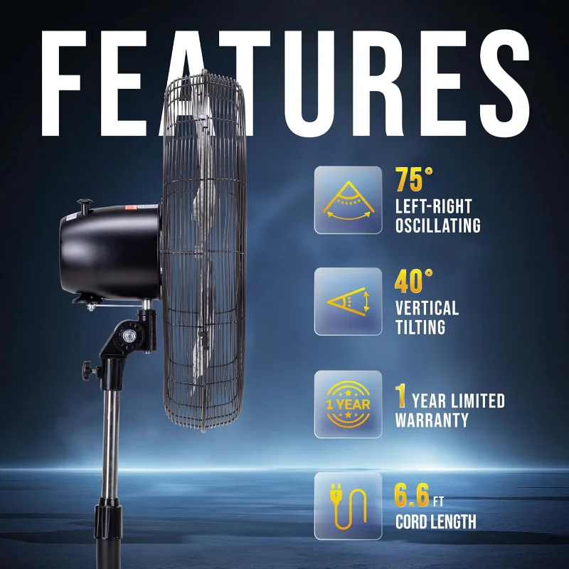 مروحة تورنادو بقاعدة متأرجحة مقاس 20 بوصة - 5000 CFM، مروحة حامل، 3 سرعات، 1/6 حصان، 6.6 قدم، الاستخدام الصناعي والتجاري، مدرج في قائمة UL