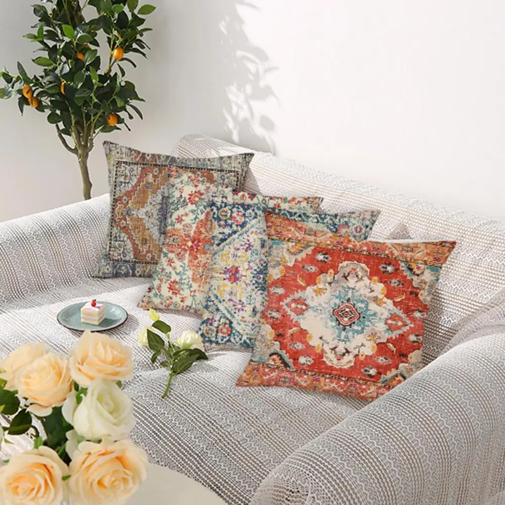 Retro Pillowcase with Zipper High-quality Fabric Pillowcase Boho Style Zipper Throw Pillow Cover for Couch Sofa Bed Decoration