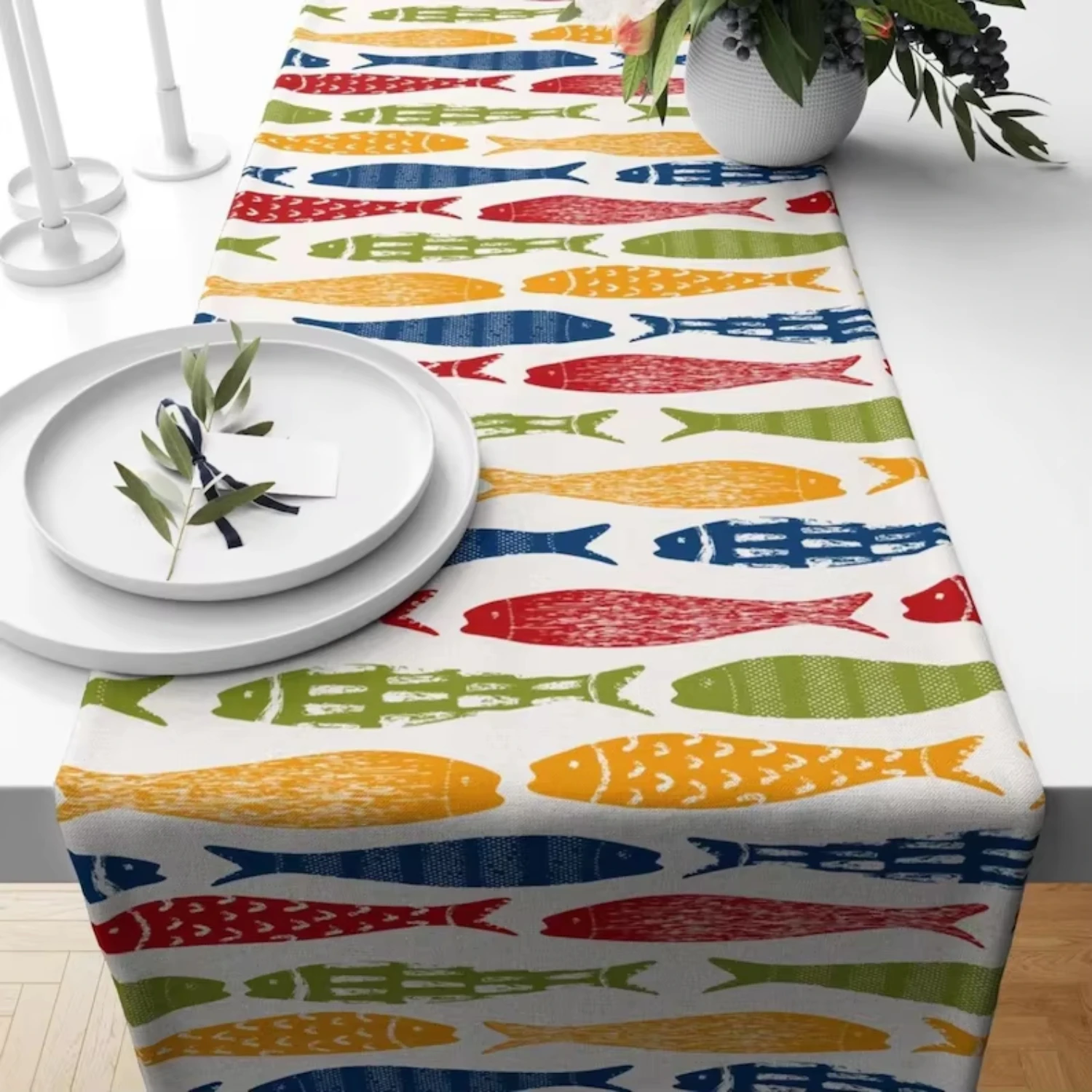 1pc Hand Drawn Fish Pattern Table Runner For Festival Cafe Restaurant Desktop Stylish Home Table Ornament Supply