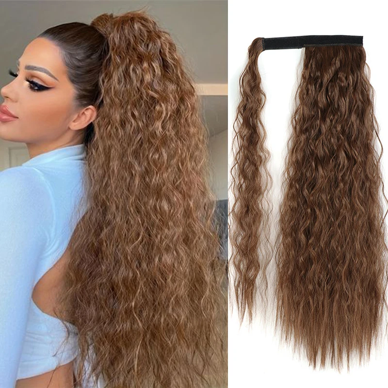 Long Natural Wave Ponytail Hair Extensions Ombre Deep Curly Hair Ponytail for Women Synthetic Water Wavy Hairpieces Fake Tail