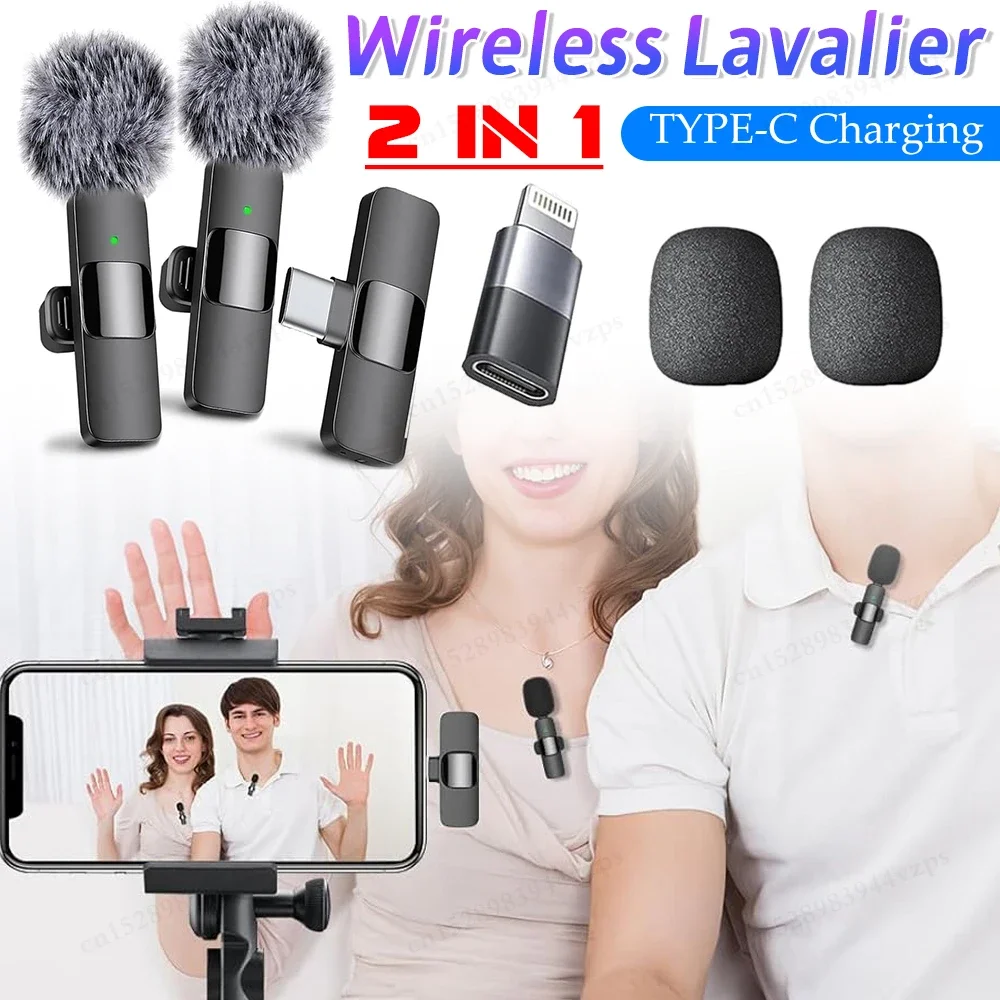 2-in-1 Wireless Lavalier Microphone for Smartphone, Camera, Laptop/PC, Plug-Play Wireless Microphone for Video/Audio Recording