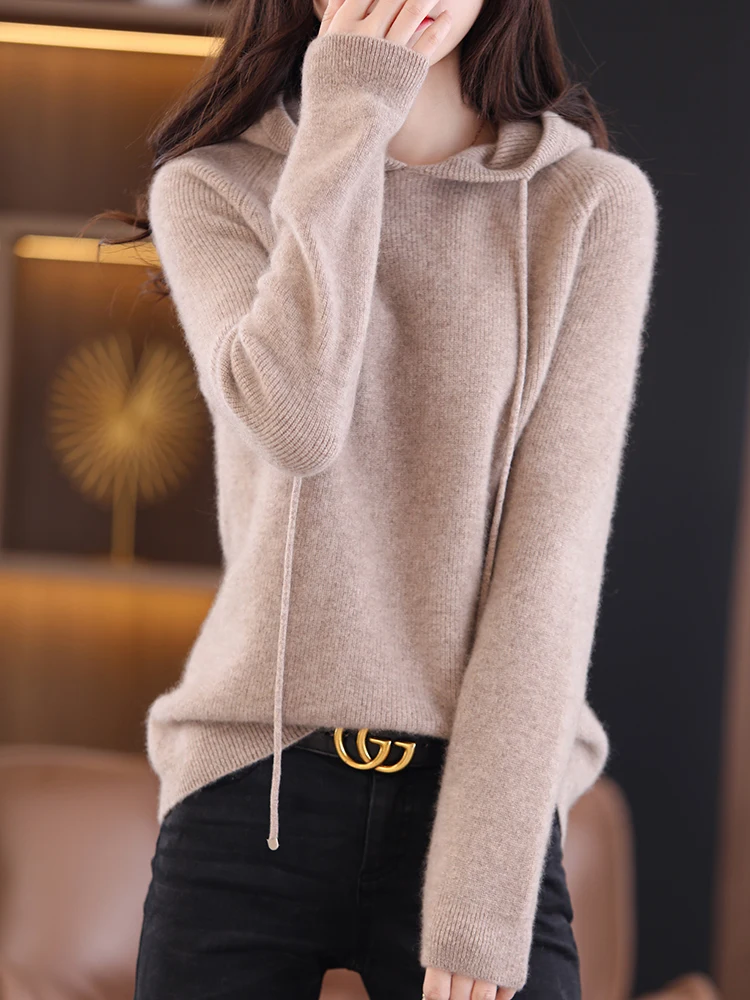 New Autumn And Winter Women\'s Hooded Sweater Solid Color Pullover Sweater Korean Version 100 Pure Wool Knitted Bottoming JQ57