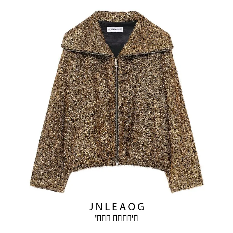 

Faionable Metal Color Pilot Jaet Outerwear for Women Autumn New Sle Versatile Polyester Fiber Long Sve Zipper Closure