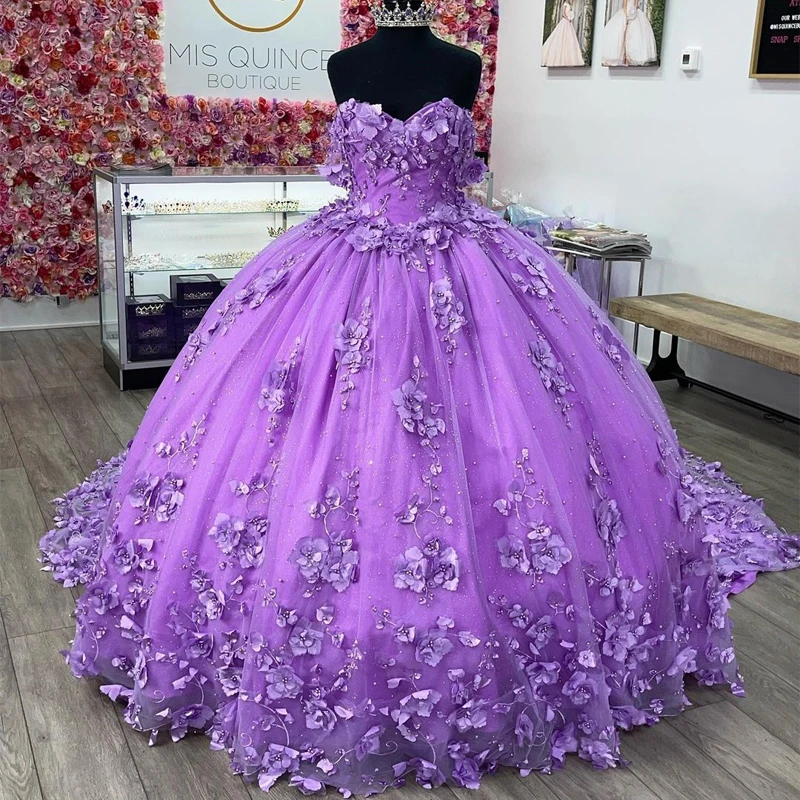 2024 Lavendel 3d Blumen Ballkleid Quince anera Ballkleider von der Schulter Perlen Spitze lange süße 16 Kleid Vestidos