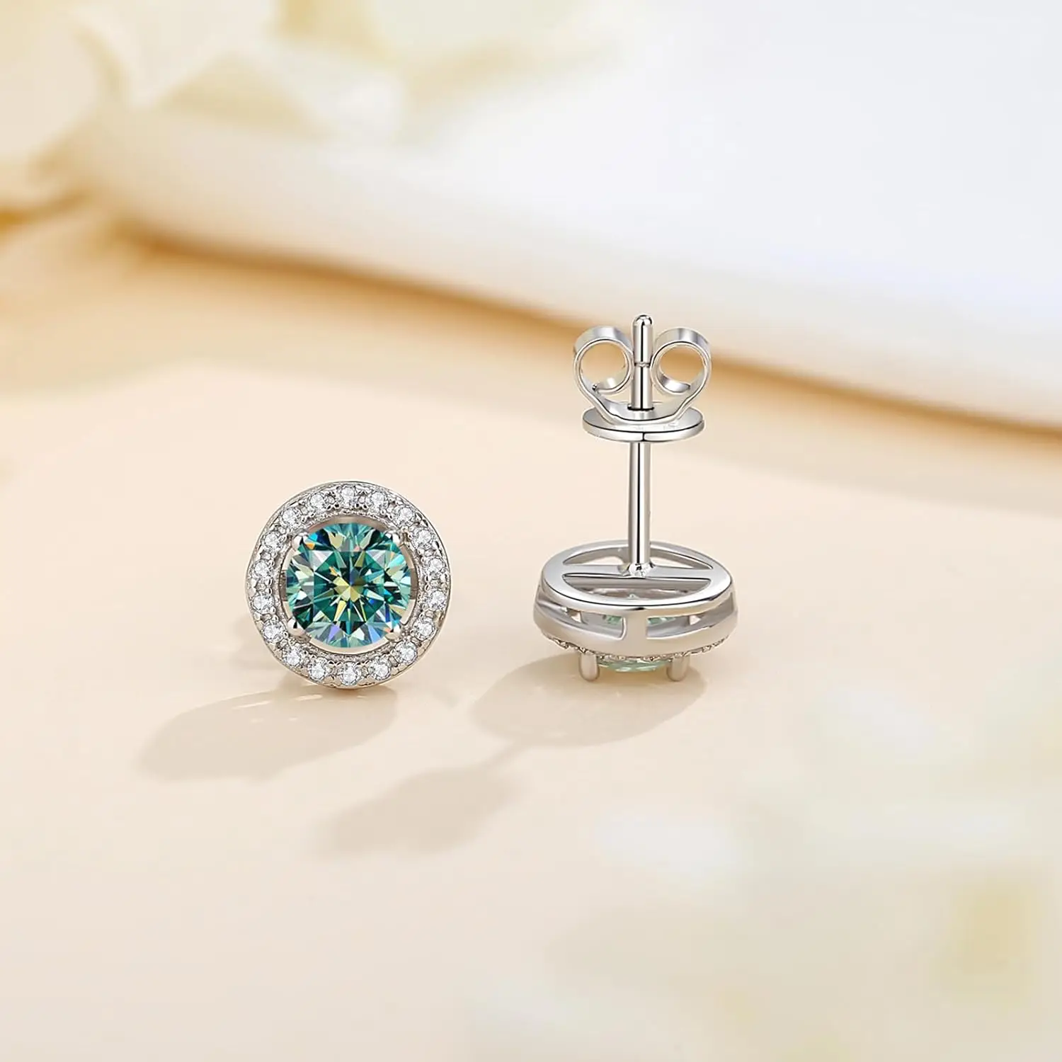 Teal Moissanite Stud Earrings Women\'s 1+1 Carat 18K Gold Plated S925 Silver Party Anniversary Jewelry with Certificate