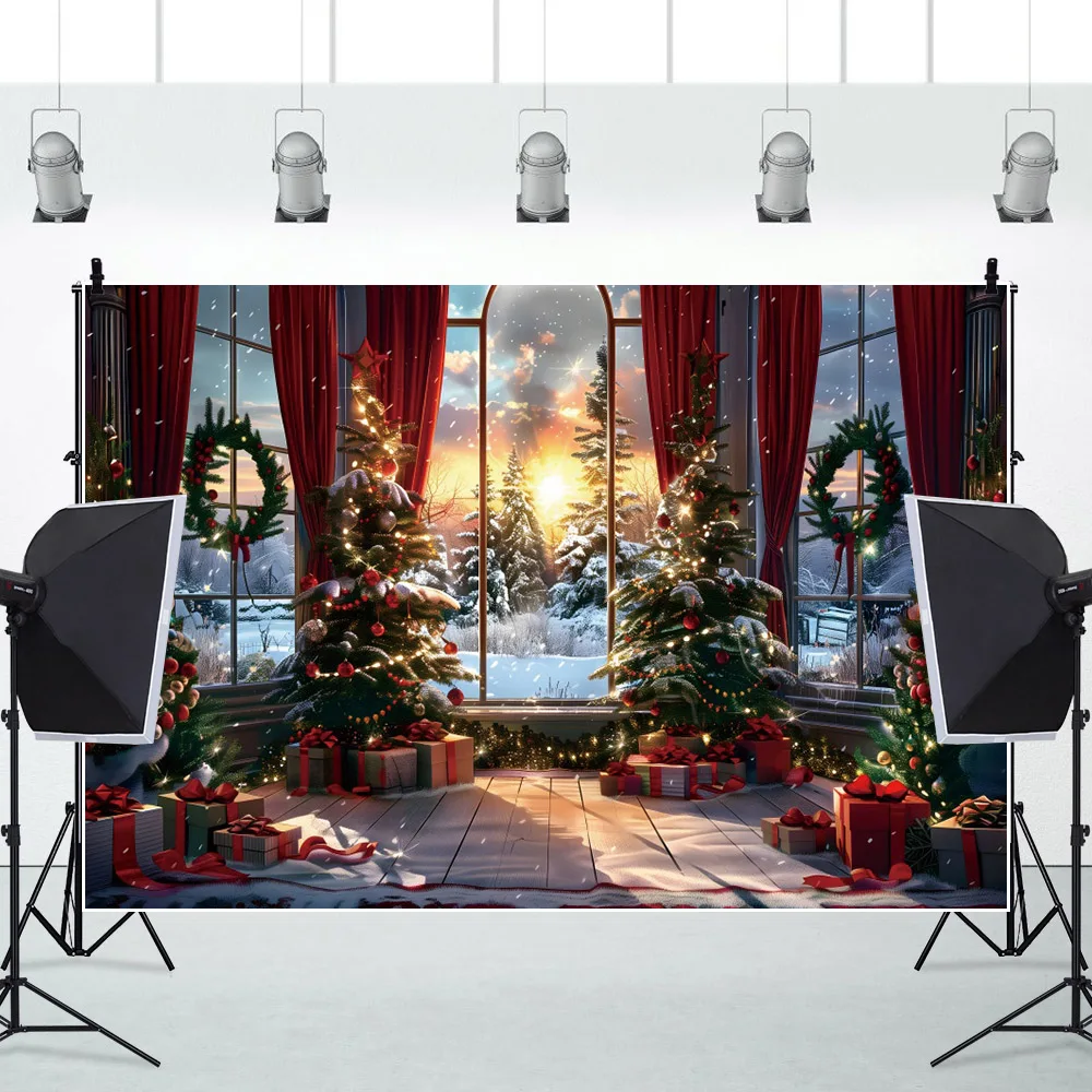 Christmas Room French Window Winter Snow Photography Backdrop Classic Retro Xmas Tree Gift Kids Portrait Family Party Background