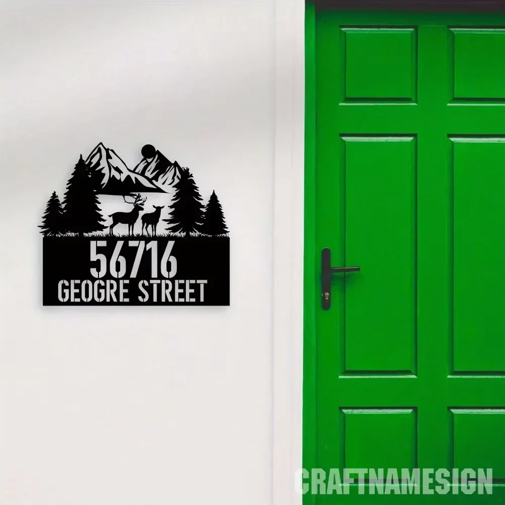 

1pc,Exclusive Handmade Custom Deer Metal Nameplate. Elegant Black Iron Wall Art with Floral. Pre - Adhesive, Reusable.