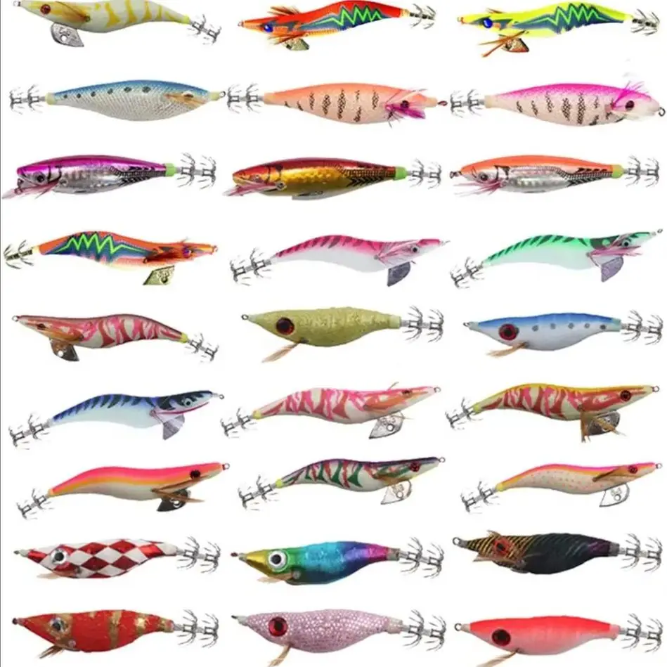 

FREE FISHER 27pcs Sea Fishing Squids Artificial Luminous Jigs Wood Shrimp Mixed Colorful Cuttlefish Baits Octopus Squid Hooks