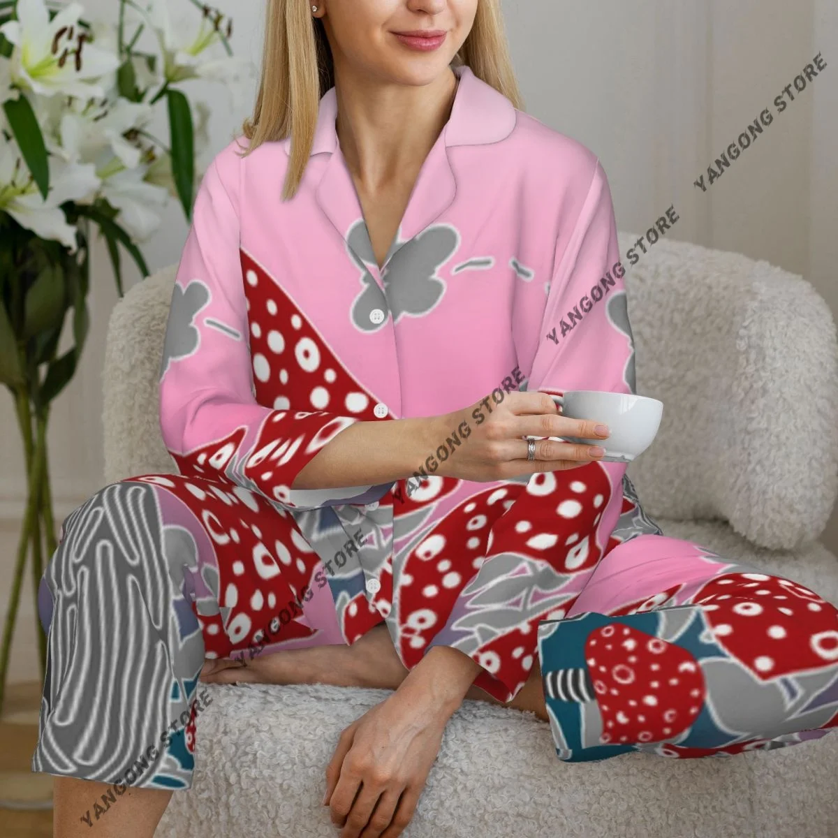 

Женские пижамы с грибами и лесными растениями, одежда для дома, одежда для сна из двух предметов, длинный пижамный комплект на пуговицах с длинными рукавами