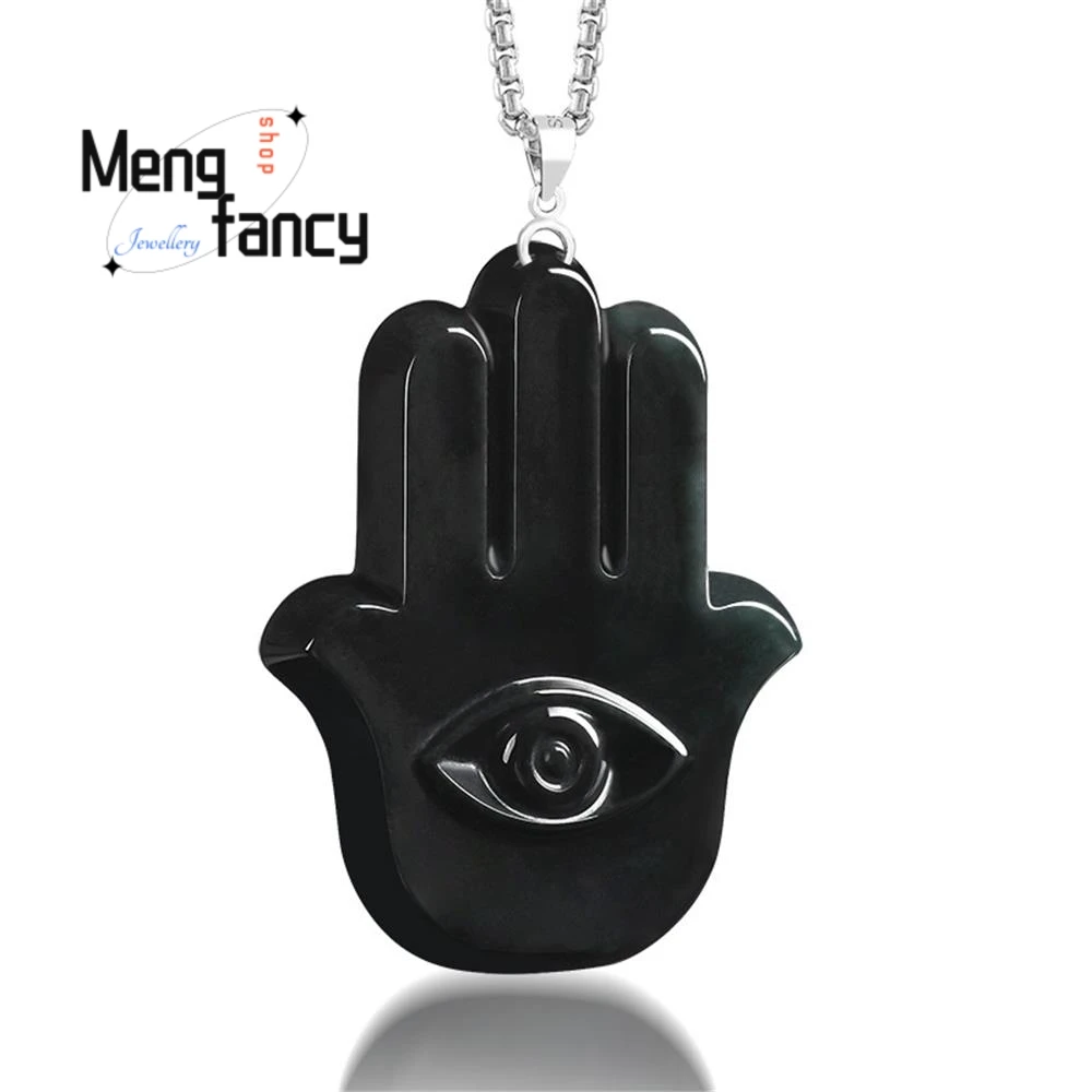 

Original Natural Burmese A-grade Jadeite Ink Jade Hand of Fatima S925 Silver Buckle Pendant Fashion Jewelry Mascots Holiday Gift