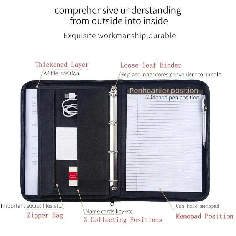 Portafolio de negocios grande negro, carpeta de documentos con cremallera, organizador de papel A4, carpeta Padfolio, maletín, oficina de conferencias