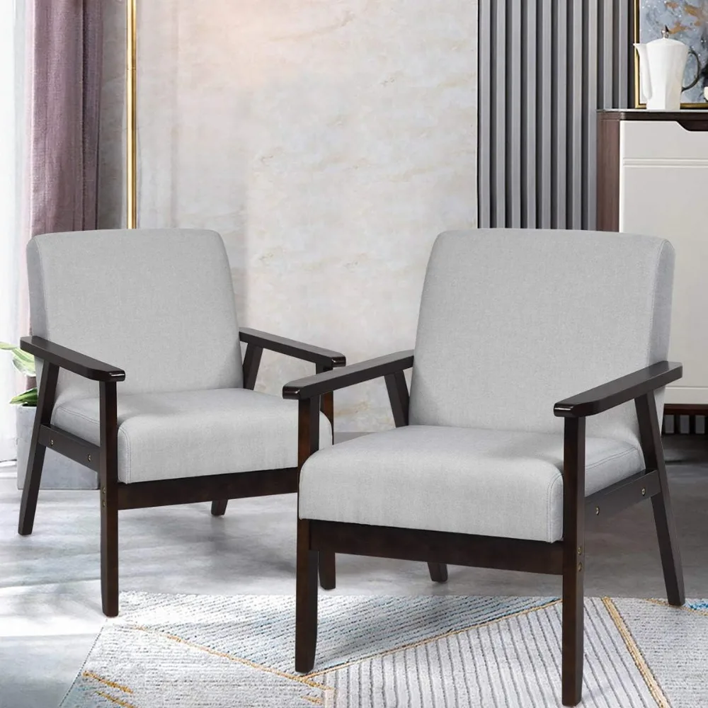 Giantex-Modern Accent Chair conjunto de 2 meados do século tecido, madeira maciça feita poltrona, estofados linho Lounge braço cadeira